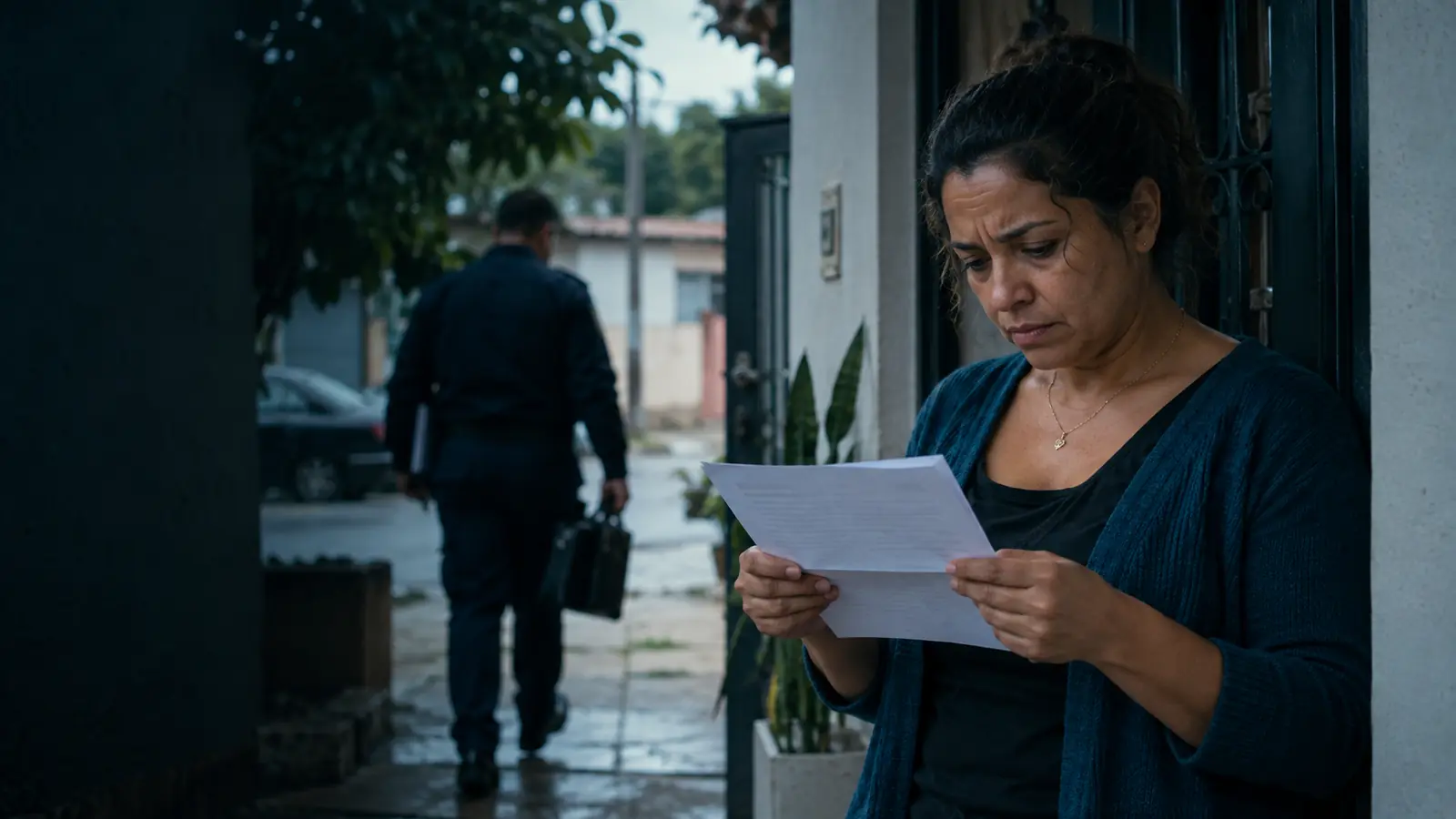 Mulher lendo uma citação judicial na porta de casa, com o oficial de justiça se afastando ao fundo