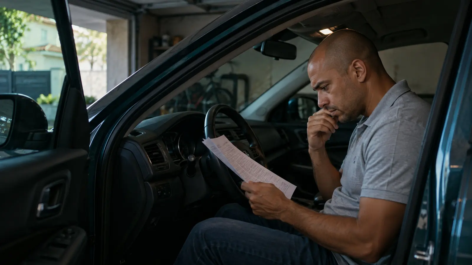 Homem sentado no carro lendo o contrato de financiamento