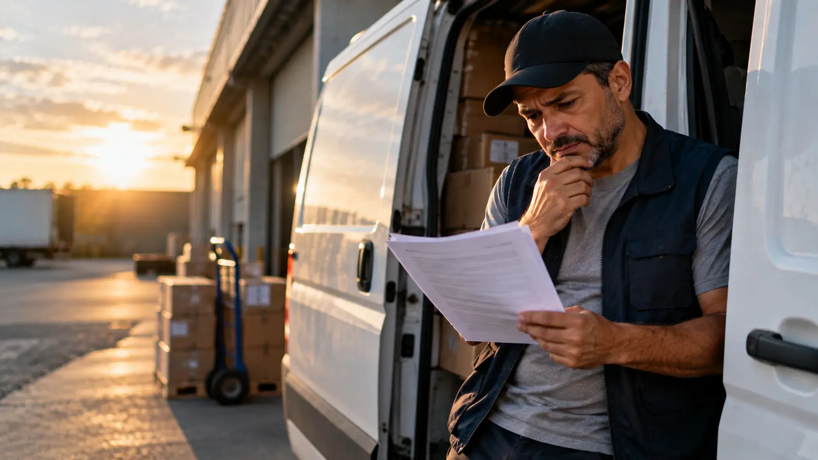 Entregador ao lado da van lendo o contrato de leasing