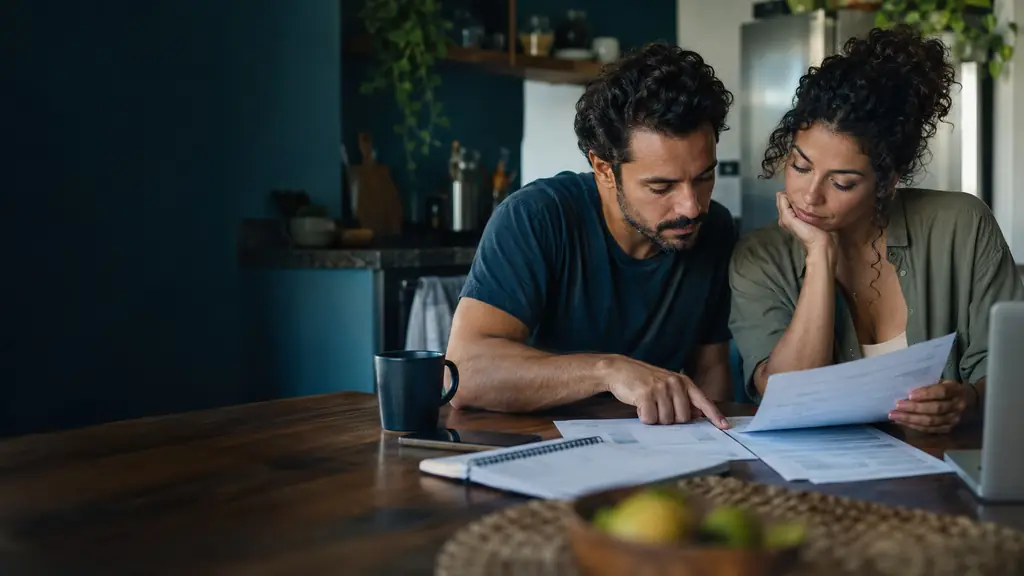 Casal revisando um contrato de empréstimo na mesa da cozinha