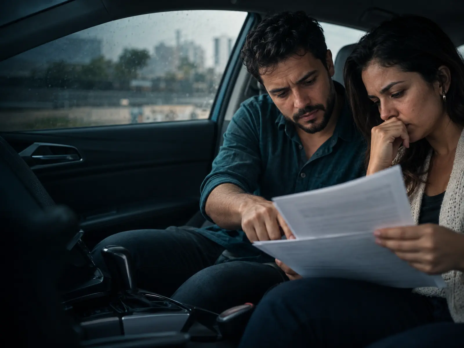 Revisional de carro vale a pena: casal dentro do carro lê junto o contrato de financiamento