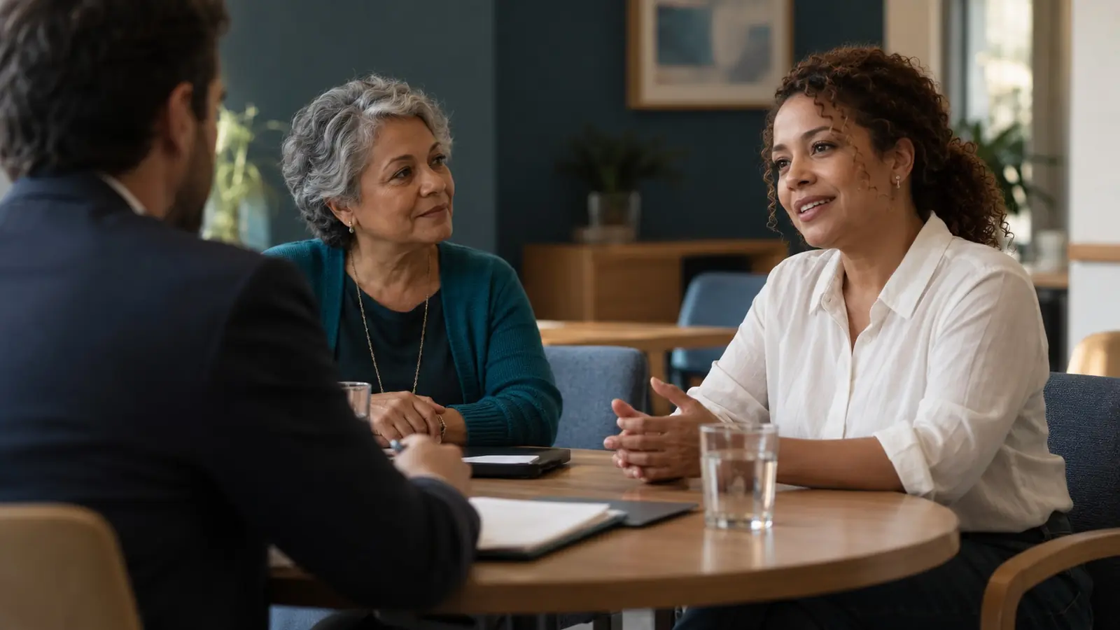 Mulher conversa com uma mediadora e um representante do banco em sessão de conciliação
