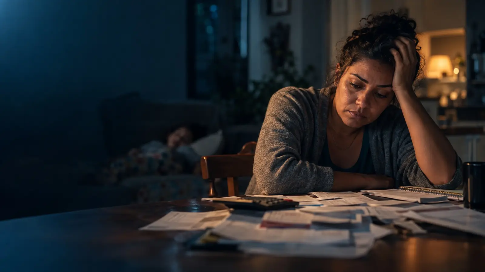 Mãe cansada à noite com várias contas espalhadas sobre a mesa