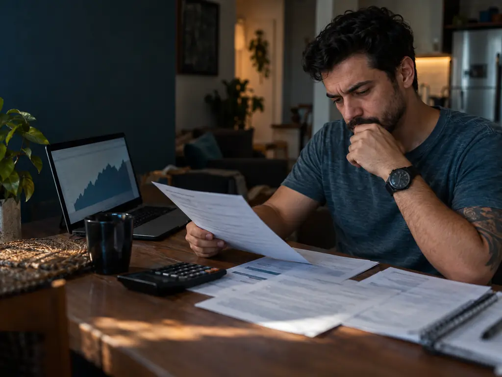 Taxa média de juros do financiamento de veículos: homem compara o contrato do financiamento do carro com um gráfico no notebook, usando calculadora