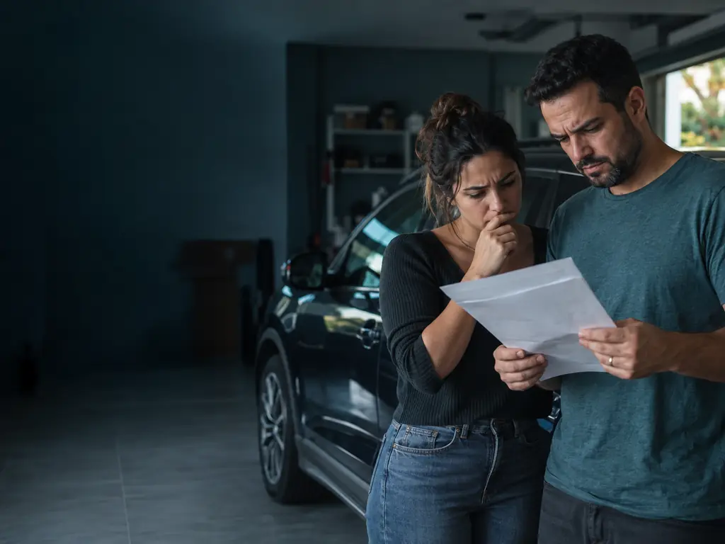 Veículo na revisional pode ser apreendido: casal na garagem ao lado do carro lê junto um documento do processo, em dúvida